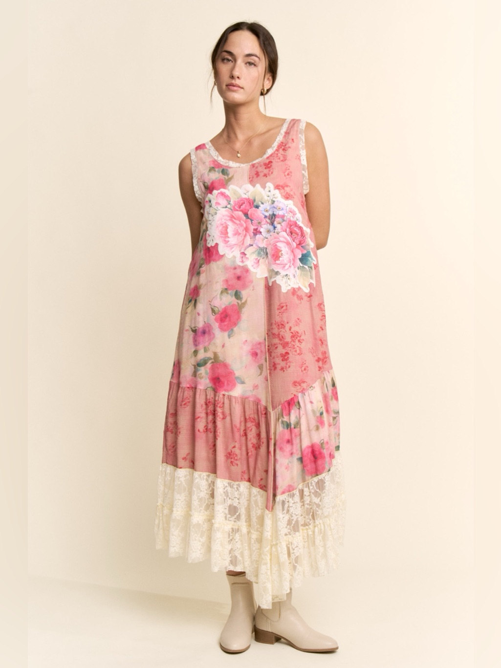Davi & Dani Pink Floral Lace-Trim Maxi Dress
